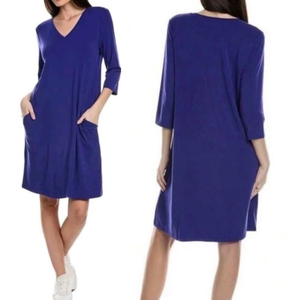 Eileen Fisher Cobalt Blue V-neck A-line Knee Length Jersey Knit Dress Size M